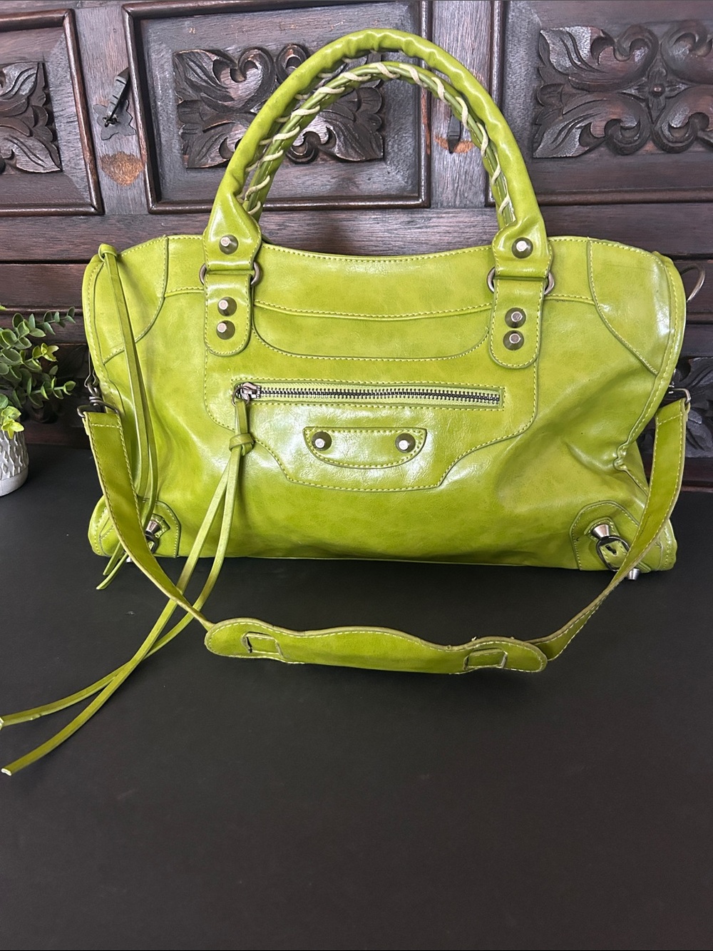 Bright Lime Green Leather Shoulder Satchel - Women's Handbag